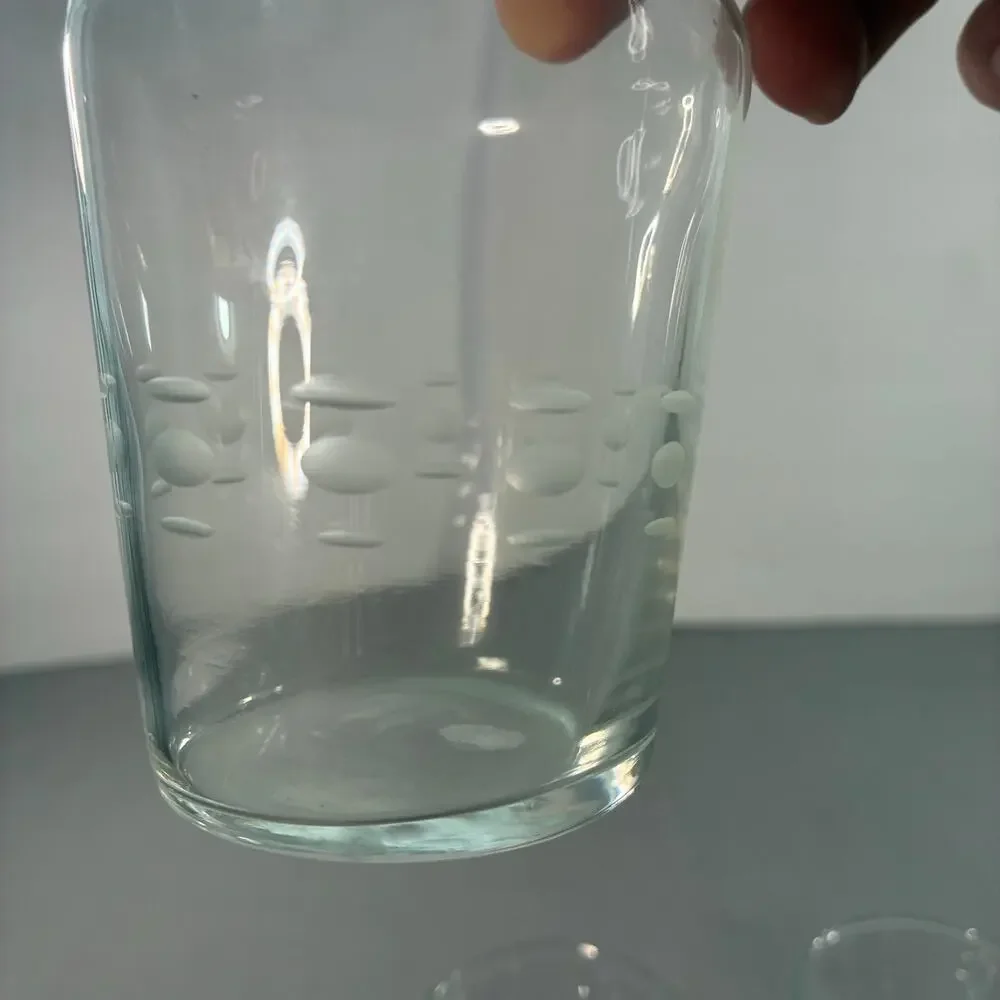 Vintage Clear Glass Juice Carafes Set of 3 Etched Dot Breakfast Bottles 7 Inch